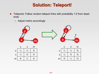 8.31
Solution: Teleport!
 Teleports: Follow random teleport links with probability 1.0 from dead-
ends
 Adjust matrix accordingly
y
a m
y a m
y ½ ½ ⅓
a ½ 0 ⅓
m 0 ½ ⅓
y a m
y ½ ½ 0
a ½ 0 0
m 0 ½ 0
y
a m
 