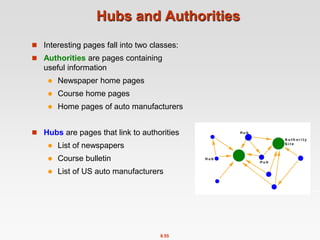 8.55
Hubs and Authorities
 Interesting pages fall into two classes:
 Authorities are pages containing
useful information
 Newspaper home pages
 Course home pages
 Home pages of auto manufacturers
 Hubs are pages that link to authorities
 List of newspapers
 Course bulletin
 List of US auto manufacturers
 
