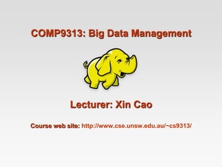 COMP9313: Big Data Management
Lecturer: Xin Cao
Course web site: http://www.cse.unsw.edu.au/~cs9313/
 