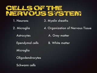 1. Neurons
2. Microglia
Astrocytes
Ependymal cells
Microglia
Oligodendrocytes
Schwann cells
Cells of the
NERVOUS SYSTEM
3. Myelin sheaths
4. Organization of Nervous Tissue
	 A. Grey matter
	 B. White matter
 