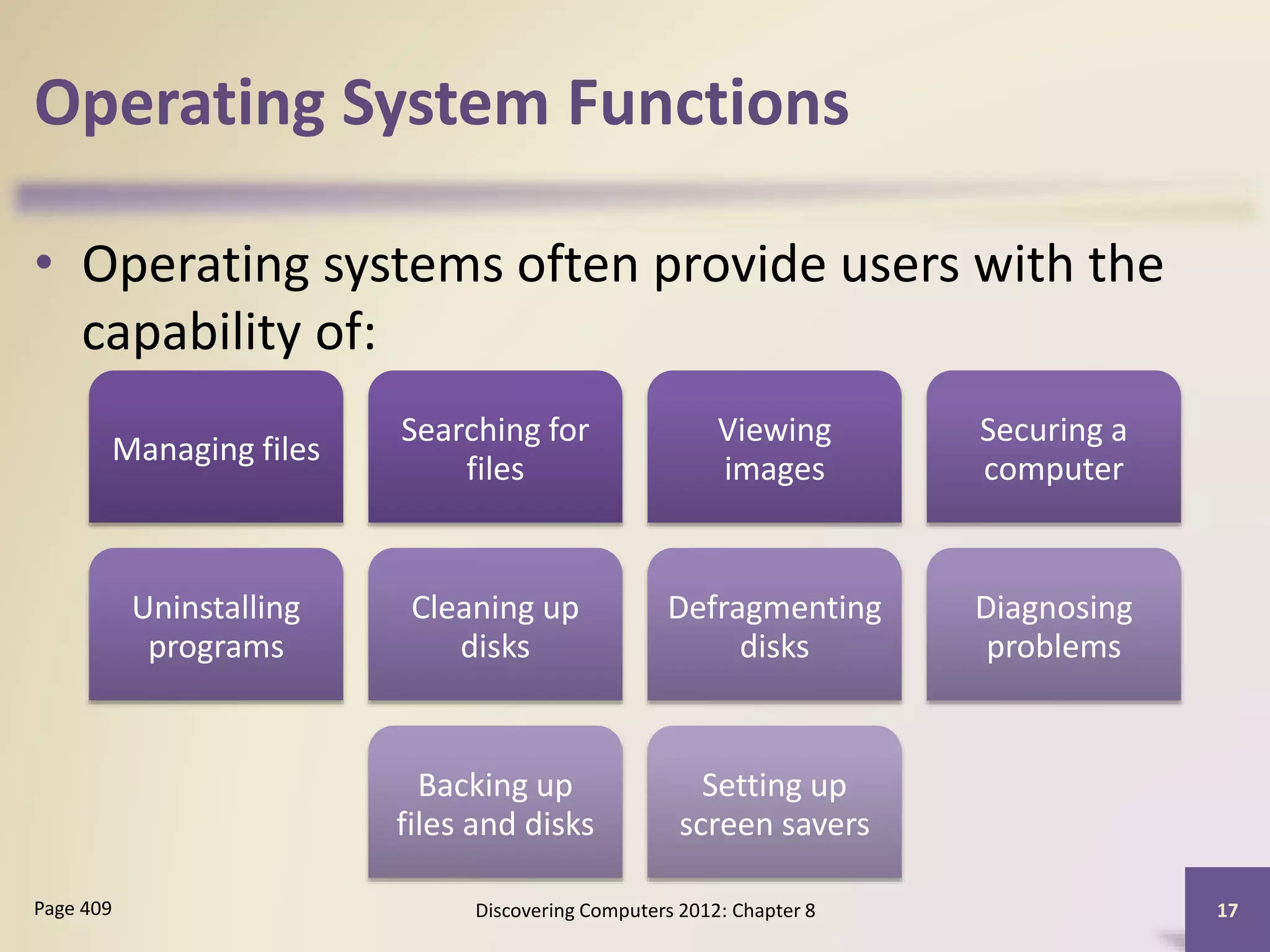 Operating System Functions
• Operating systems often provide users with the
capability of:
Discovering Computers 2012: Chapter 8 17Page 409
Managing files
Searching for
files
Viewing
images
Securing a
computer
Uninstalling
programs
Cleaning up
disks
Defragmenting
disks
Diagnosing
problems
Backing up
files and disks
Setting up
screen savers
 