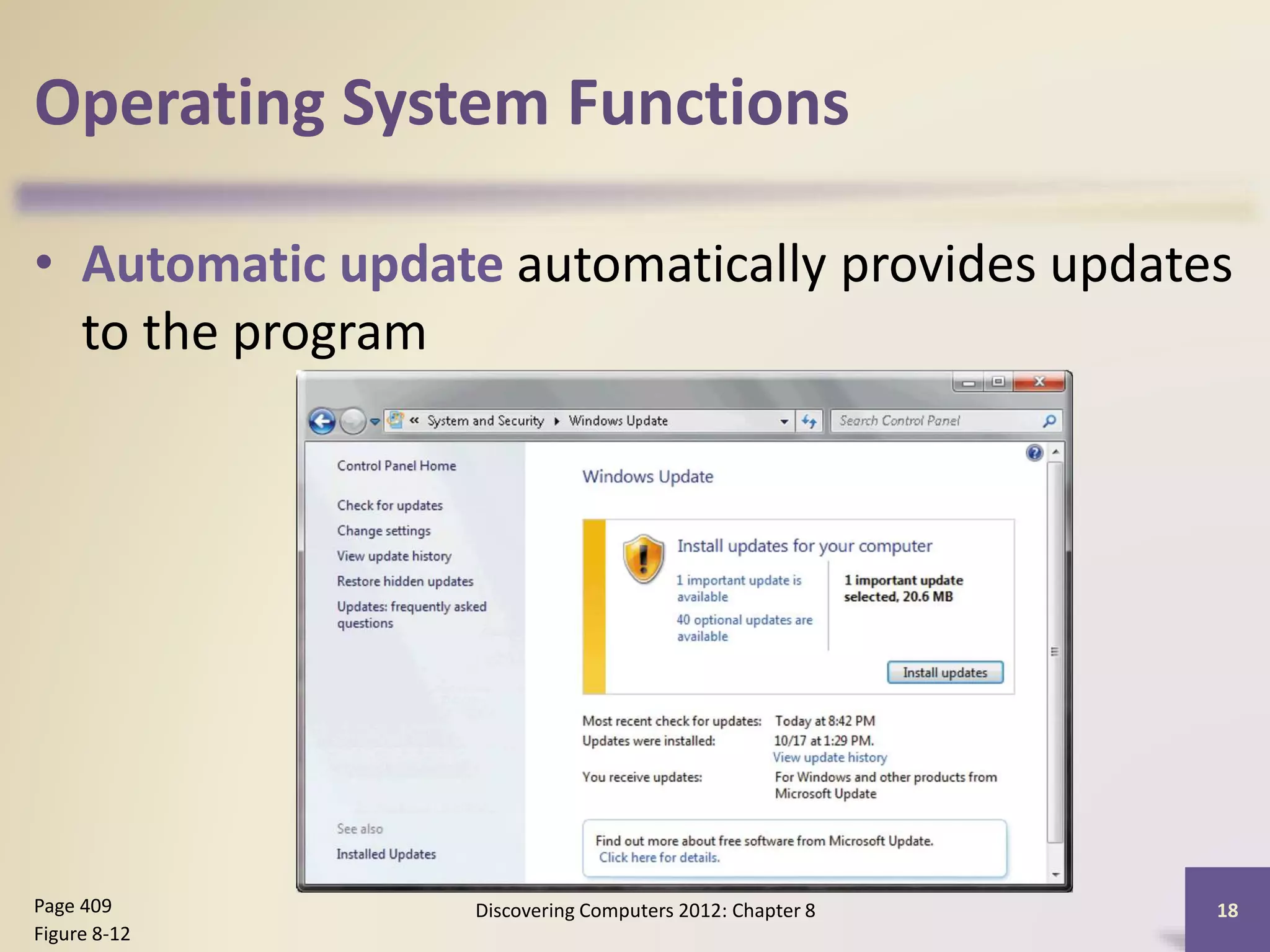 Operating System Functions
• Automatic update automatically provides updates
to the program
Discovering Computers 2012: Chapter 8 18Page 409
Figure 8-12
 