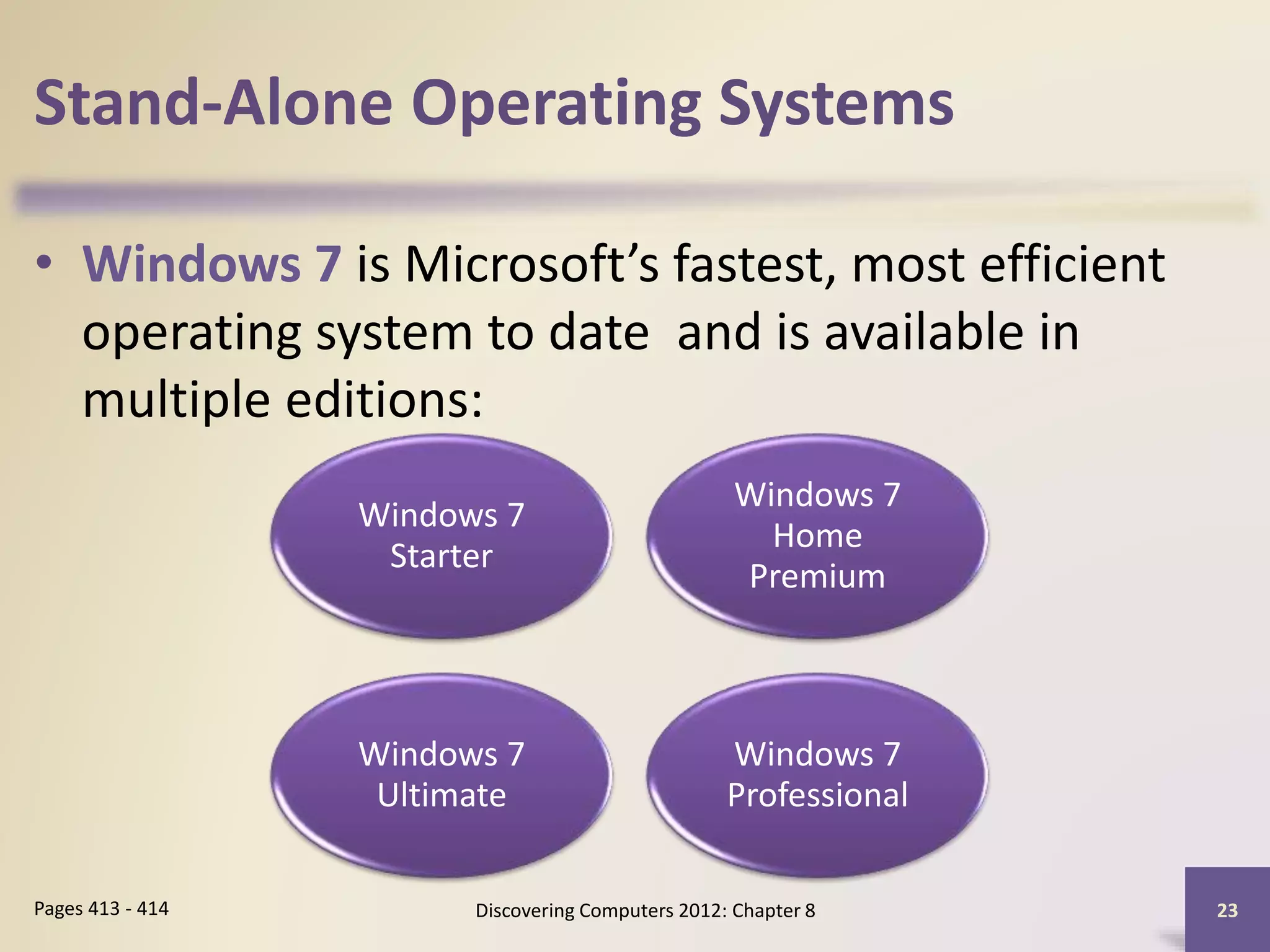 Stand-Alone Operating Systems
• Windows 7 is Microsoft’s fastest, most efficient
operating system to date and is available in
multiple editions:
Discovering Computers 2012: Chapter 8 23Pages 413 - 414
Windows 7
Starter
Windows 7
Home
Premium
Windows 7
Ultimate
Windows 7
Professional
 