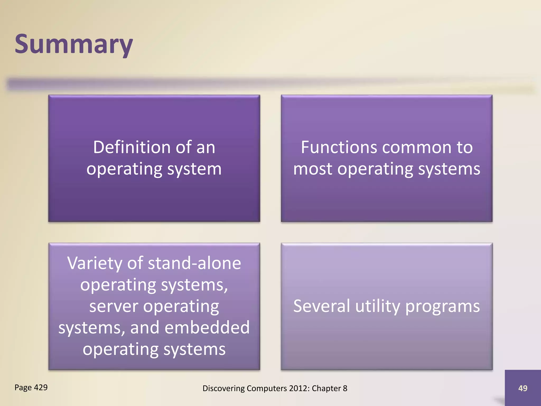 Summary
Definition of an
operating system
Functions common to
most operating systems
Variety of stand-alone
operating systems,
server operating
systems, and embedded
operating systems
Several utility programs
Discovering Computers 2012: Chapter 8 49Page 429
 