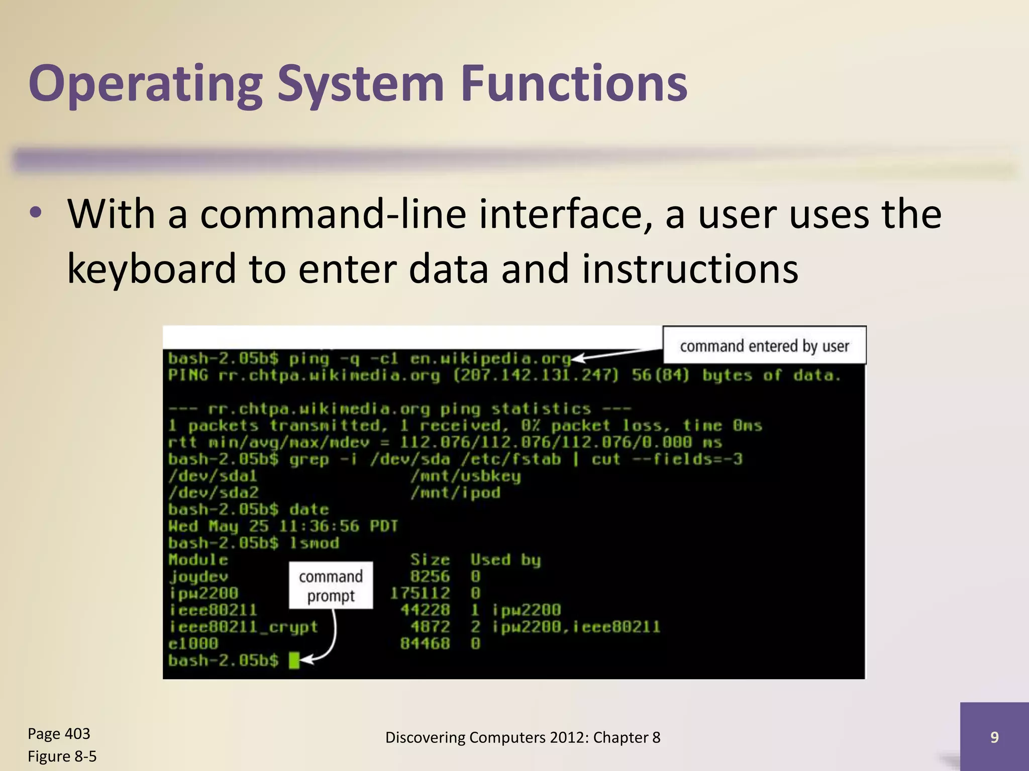 Operating System Functions
• With a command-line interface, a user uses the
keyboard to enter data and instructions
Discovering Computers 2012: Chapter 8 9Page 403
Figure 8-5
 