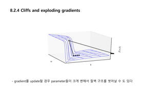 8.2.4 Cliffs and exploding gradients
- gradient를 update할 경우 parameter들이 크게 변해서 절벽 구조를 벗어날 수 도 있다
 