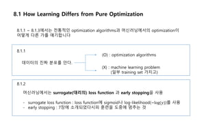 8.1 How Learning Differs from Pure Optimization
8.1.1 ~ 8.1.3에서는 전통적인 optimization algorithms과 머신러닝에서의 optimization이
어떻게 다른 가를 얘기합니다
8.1.1
데이터의 진짜 분포를 안다.
(O) : optimization algorithms
(X) : machine learning problem
(일부 training set 가지고)
8.1.2
머신러닝에서는 surrogate(대리의) loss function 과 early stopping을 사용
- surrogate loss function : loss function에 sigmoid나 log-likelihood(−log(𝑦))를 사용
- early stopping : 7장에 소개되었다시피 훈련을 도중에 멈추는 것
 