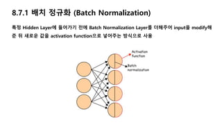 8.7.1 배치 정규화 (Batch Normalization)
특정 Hidden Layer에 들어가기 전에 Batch Normalization Layer를 더해주어 input을 modify해
준 뒤 새로운 값을 activation function으로 넣어주는 방식으로 사용
 