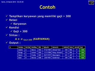 Contoh
 Tampilkan karyawan yang memiliki gaji > 300
 Relasi
 Karyawan
 Kondisi
 Gaji > 300
 Sintax :
A   GAJI>300 (KARYAWAN)
 Output :
17
02:25:30Senin, 24 Maret 2014
A NmDpn NmTgh NmBlkg IDK TglLahir NamaJln NoRmh Kota JenisK Gaji
Zaskia A Mecca K02 7/12/1987 Ahmad Yani 440 BDL P 320
Bunga C Lestari K06 11/1/1986 Pang. Antasari 133 BDL P 350
Glenn D Fredly K07 25/7/1977 Diponegoro 231 JKT L 310
Dedi B Mizwar K08 2/8/1950 Soedirman 340 BDL L 420
 