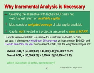8-3
Why Incremental Analysis is NecessaryWhy Incremental Analysis is Necessary
Selecting the alternative with highest ROR may not
yield highest return on available capital
Must consider weighted average of total capital available
Capital not invested in a project is assumed to earn at MARR
Example: Assume $90,000 is available for investment and MARR = 16%
per year. If alternative A would earn 35% per year on investment of $50,000, and
B would earn 29% per year on investment of $85,000, the weighted averages are:
Overall RORA = [50,000(0.35) + 40,000(0.16)]/90,000 = 26.6%
Overall RORB = [85,000(0.29) + 5,000(0.16)]/90,000 = 28.3%
Which investment is better, economically?
© 2012 by McGraw-Hill All Rights Reserved
 