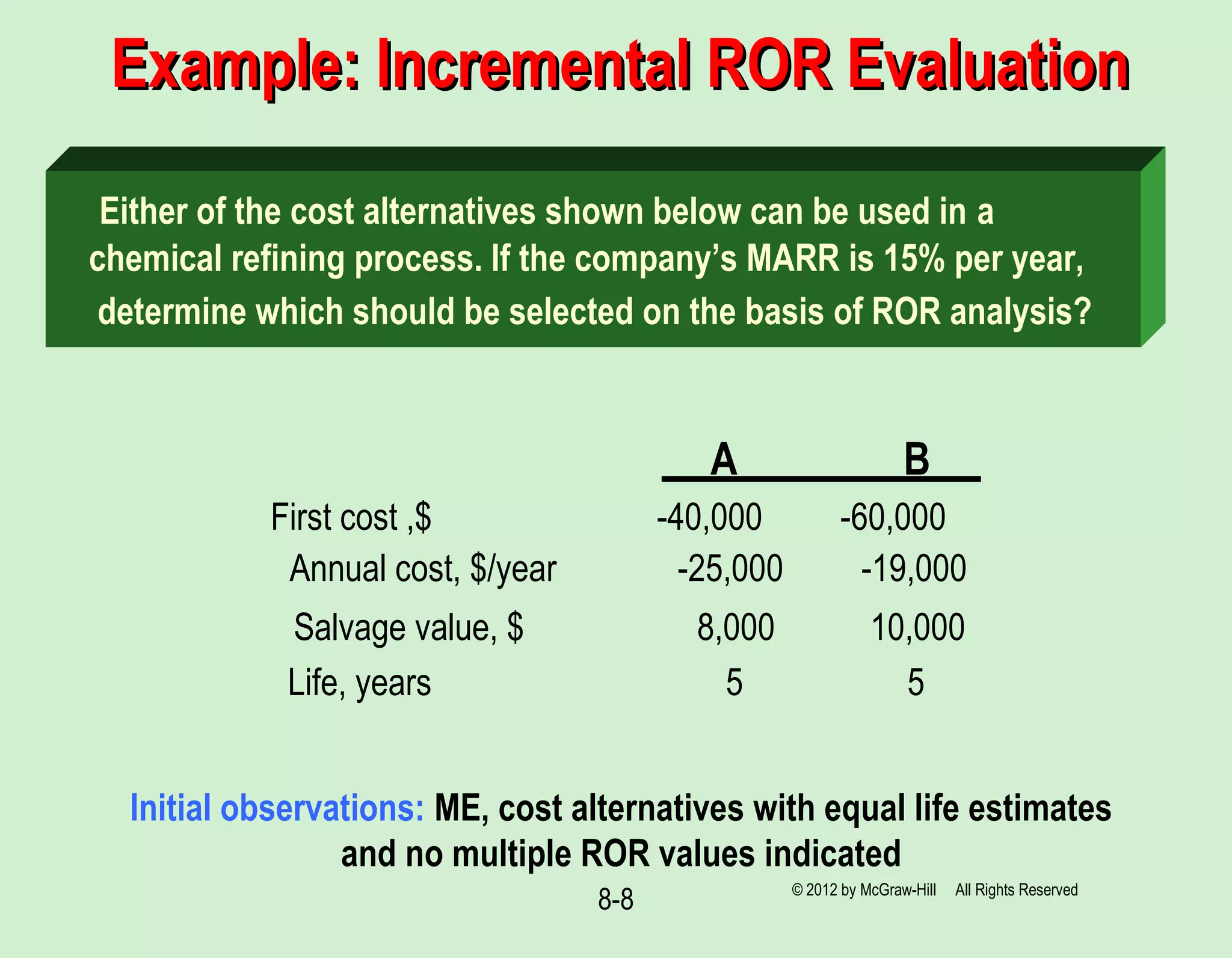 8-8
Example: Incremental ROR EvaluationExample: Incremental ROR Evaluation
Either of the cost alternatives shown below can be used in a
chemical refining process. If the company’s MARR is 15% per year,
determine which should be selected on the basis of ROR analysis?
BA
First cost ,$ -40,000 -60,000
Annual cost, $/year -25,000 -19,000
Salvage value, $ 8,000 10,000
Life, years 5 5
© 2012 by McGraw-Hill All Rights Reserved
Initial observations: ME, cost alternatives with equal life estimates
and no multiple ROR values indicated
 
