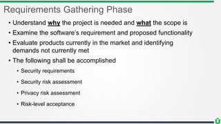 Requirements Gathering Phase
• Understand why the project is needed and what the scope is
• Examine the software’s requirement and proposed functionality
• Evaluate products currently in the market and identifying
demands not currently met
• The following shall be accomplished
• Security requirements
• Security risk assessment
• Privacy risk assessment
• Risk-level acceptance
 
