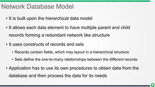 Network Database Model
• It is built upon the hierarchical data model
• It allows each data element to have multiple parent and child
records forming a redundant network like structure
• It uses constructs of records and sets
• Records contain fields, which may layout in a hierarchical structure
• Sets define the one-to-many relationships between the different records
• Application has to use its own procedures to obtain data from the
database and then process the data for its needs
 