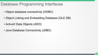 Database Programming Interfaces
• Object database connectivity (ODBC)
• Object Linking and Embedding Database (OLE DB)
• ActiveX Data Objects (ADO)
• Java Database Connectivity (JDBC)
 