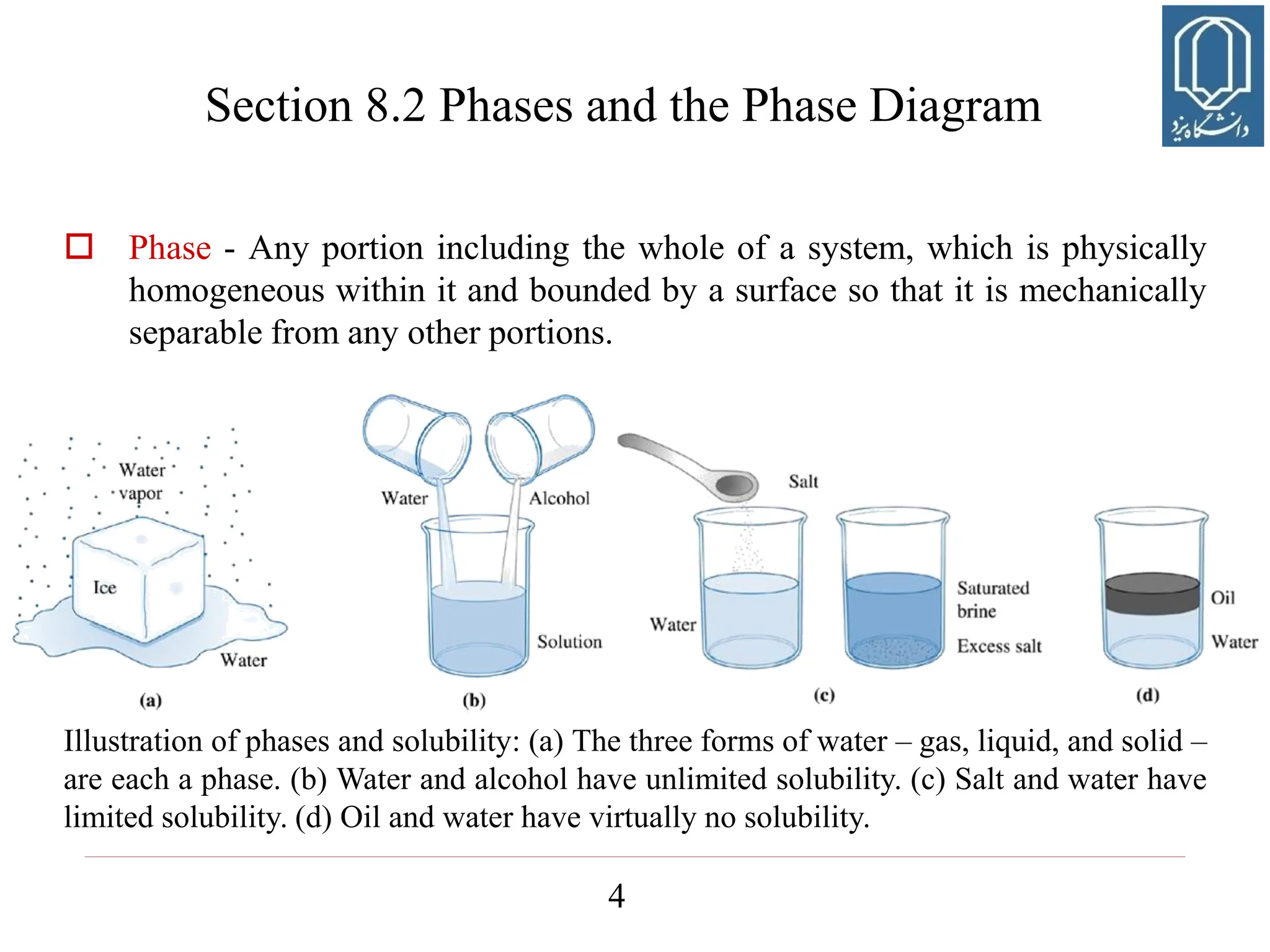 4
Illustration of phases and solubility: (a) The three forms of water – gas, liquid, and solid –
are each a phase. (b) Water and alcohol have unlimited solubility. (c) Salt and water have
limited solubility. (d) Oil and water have virtually no solubility.
 Phase - Any portion including the whole of a system, which is physically
homogeneous within it and bounded by a surface so that it is mechanically
separable from any other portions.
Section 8.2 Phases and the Phase Diagram
 