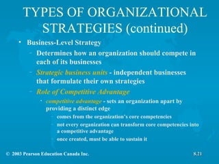TYPES OF ORGANIZATIONAL STRATEGIES (continued) Business-Level Strategy Determines how an organization should compete in each of its businesses Strategic business units  - independent businesses that formulate their own strategies Role of Competitive Advantage competitive advantage  - sets an organization apart by providing a distinct edge comes from the organization’s core competencies not every organization can transform core competencies into a competitive advantage once created, must be able to sustain it 8.21 
