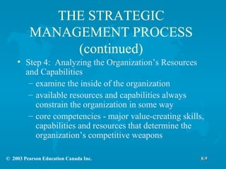 THE STRATEGIC MANAGEMENT PROCESS (continued) Step 4:  Analyzing the Organization’s Resources and Capabilities examine the inside of the organization available resources and capabilities always constrain the organization in some way core competencies - major value-creating skills, capabilities and resources that determine the organization’s competitive weapons 8.9 