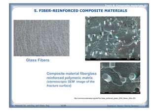 Dpt. Materials Sci. and Eng. and Chem. Eng. UC3M
Topic 8. Composite materials (I)
18
Glass Fibers
5. FIBER-REINFORCED COMPOSITE MATERIALS
http://commons.wikimedia.org/wiki/File:Glass_reinforced_plastic_SEM_Stereo_200x.JPG
Composite material fiberglass
reinforced polymeric matrix
(stereoscopic SEM image of the
fracture surface)
Sophia A. Tsipas / Berna Serrano
 