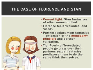 THE CASE OF FLORENCE AND STAN
• Current fight: Stan fantasizes
of other women in bed.
• Florence feels „wounded‟ and
„used‟.
• Partner replacement fantasies
– extension of the monogamy
principle and partner
validation.
• Tip: Poorly differentiated
people go crazy over their
partners sexual fantasies
predispose them to do the
same think themselves.

 