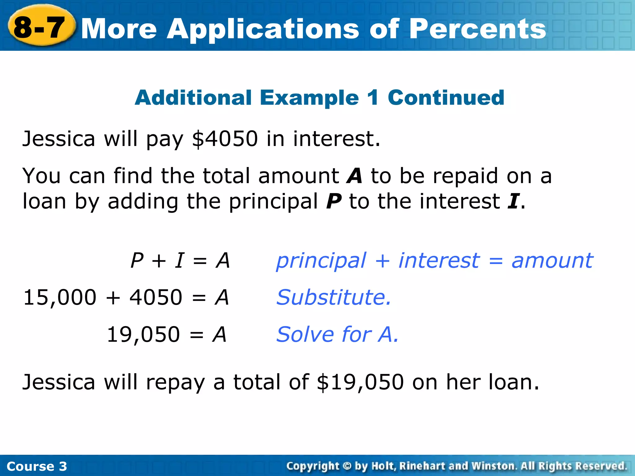 Additional Example 1 Continued Jessica will pay $4050 in interest.   P  +  I  =  A principal + interest = amount 15,000 + 4050 =  A   Substitute.   19,050 =  A     Solve for A. You can find the total amount  A  to be repaid on a loan by adding the principal  P  to the interest  I . Jessica will repay a total of $19,050 on her loan. Course 3 8-7 More Applications of Percents 