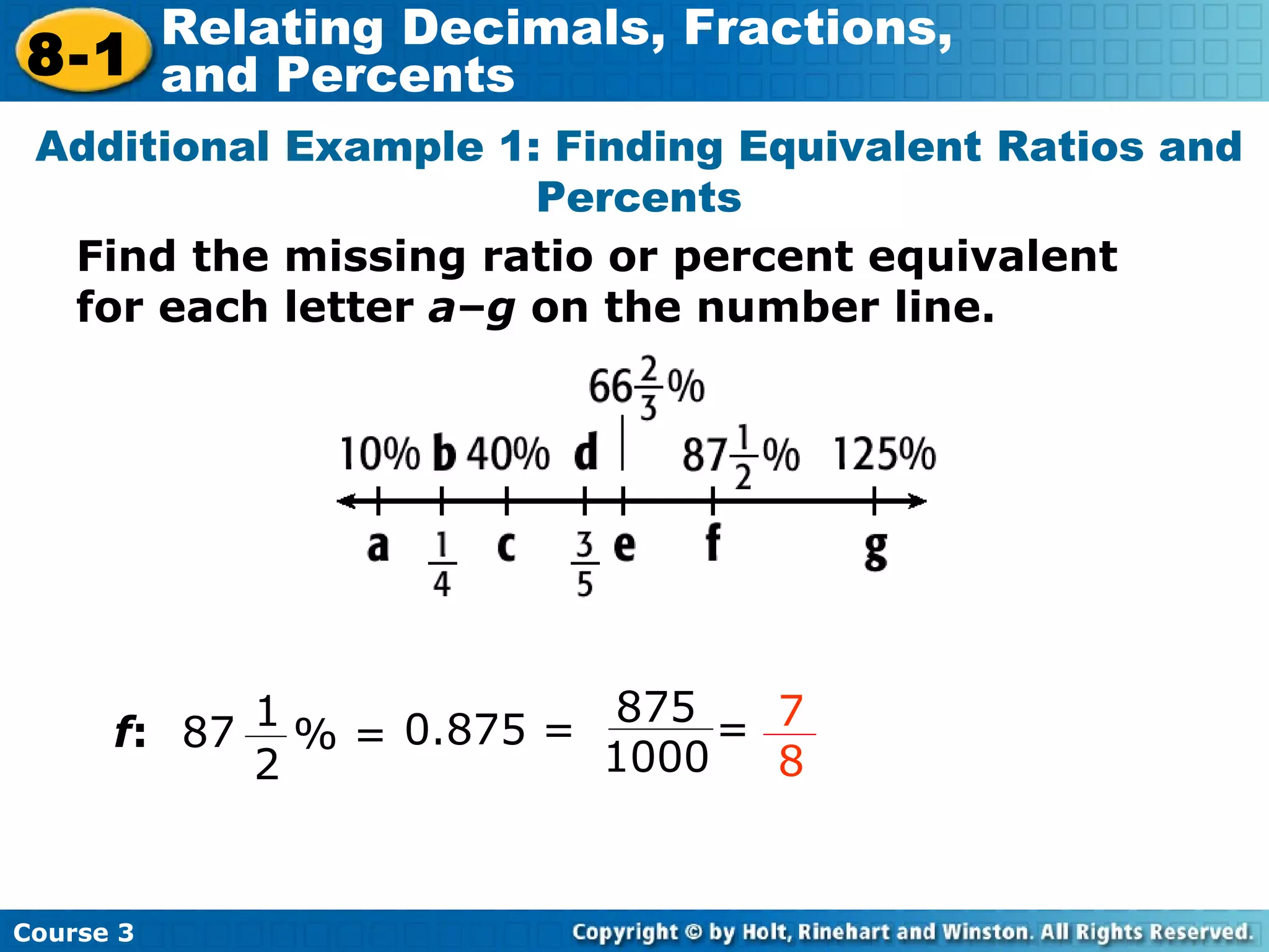 Find the missing ratio or percent equivalent for each letter  a – g  on the number line. Additional Example 1: Finding Equivalent Ratios and Percents f : 0.875 = 1 2 % = 87 7 8 875 1000 = Course 3 8-1 Relating Decimals, Fractions,  and Percents 