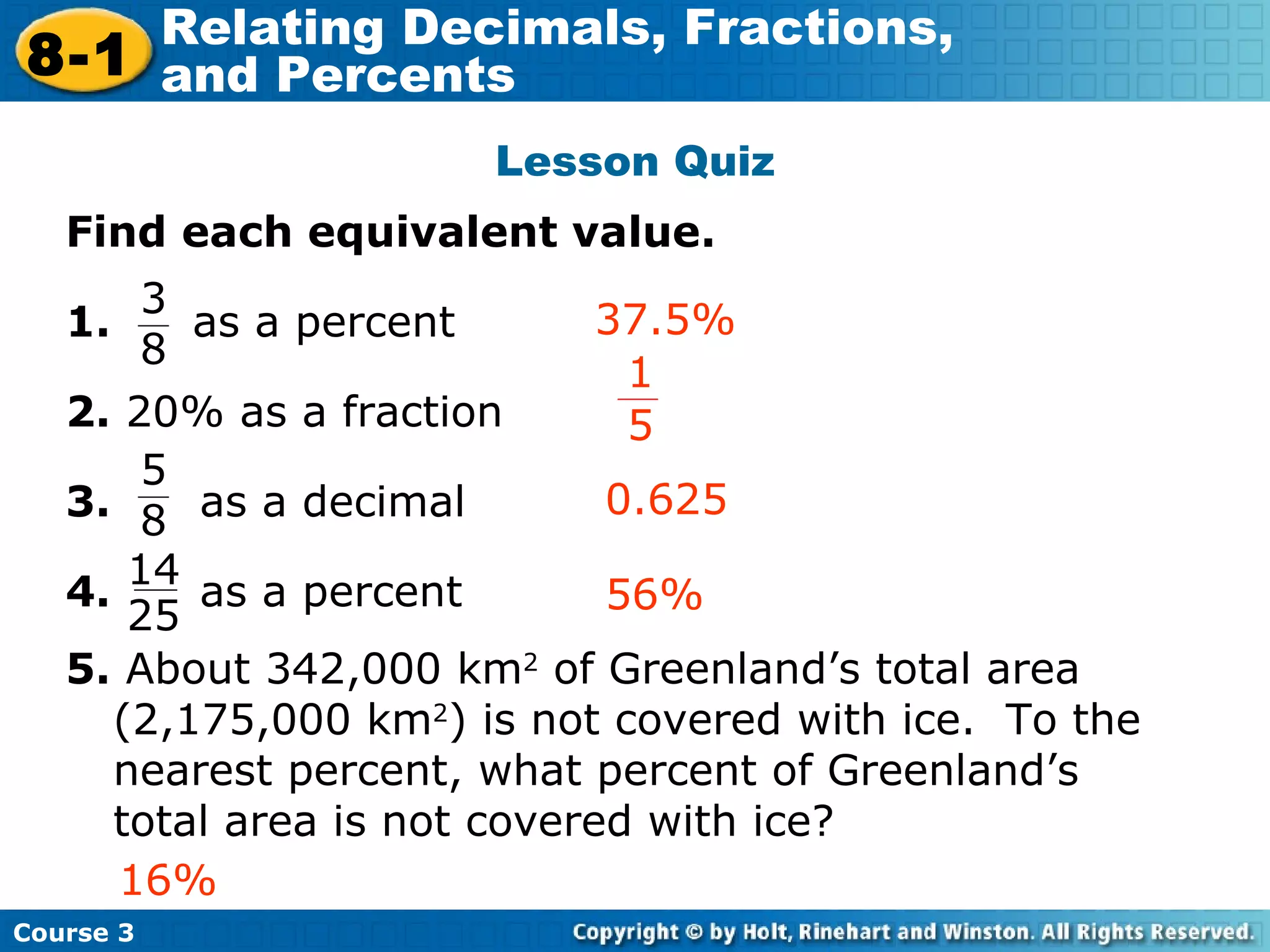 Lesson Quiz Find each equivalent value. 1.   as a percent 2.  20% as a fraction 3.   as a decimal 4.   as a percent 5.  About 342,000 km 2  of Greenland’s total area (2,175,000 km 2 ) is not covered with ice.  To the nearest percent, what percent of Greenland’s total area is not covered with ice? 16% 37.5% Insert Lesson Title Here 0.625 56% 3 8 14 25 1 5 5 8 Course 3 8-1 Relating Decimals, Fractions,  and Percents 
