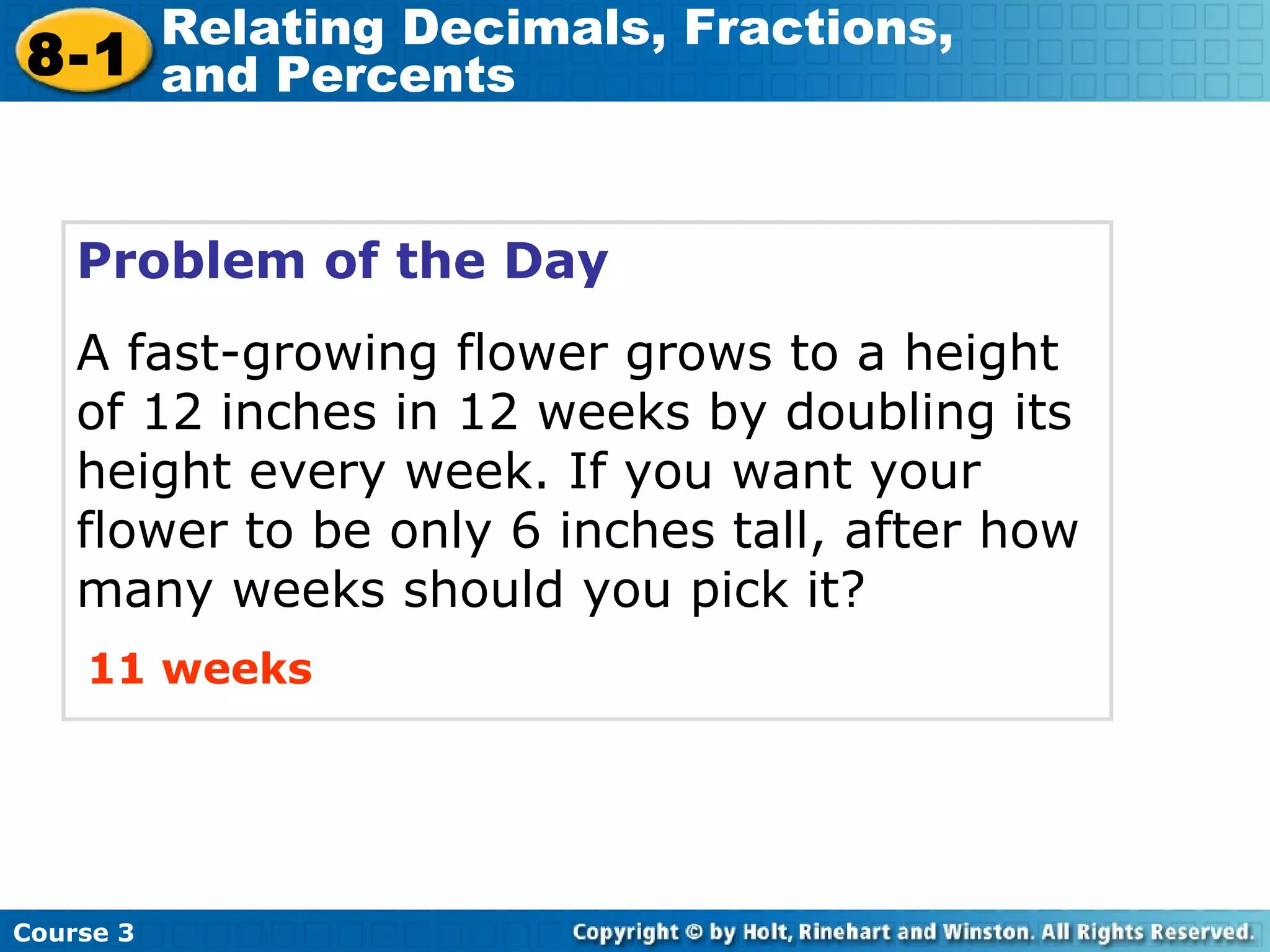 Problem of the Day A fast-growing flower grows to a height of 12 inches in 12 weeks by doubling its height every week. If you want your flower to be only 6 inches tall, after how many weeks should you pick it? 11 weeks Course 3 8-1 Relating Decimals, Fractions,  and Percents 