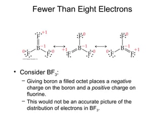 Fewer Than Eight Electrons
• Consider BF3:
– Giving boron a filled octet places a negative
charge on the boron and a positive charge on
fluorine.
– This would not be an accurate picture of the
distribution of electrons in BF3.
 
