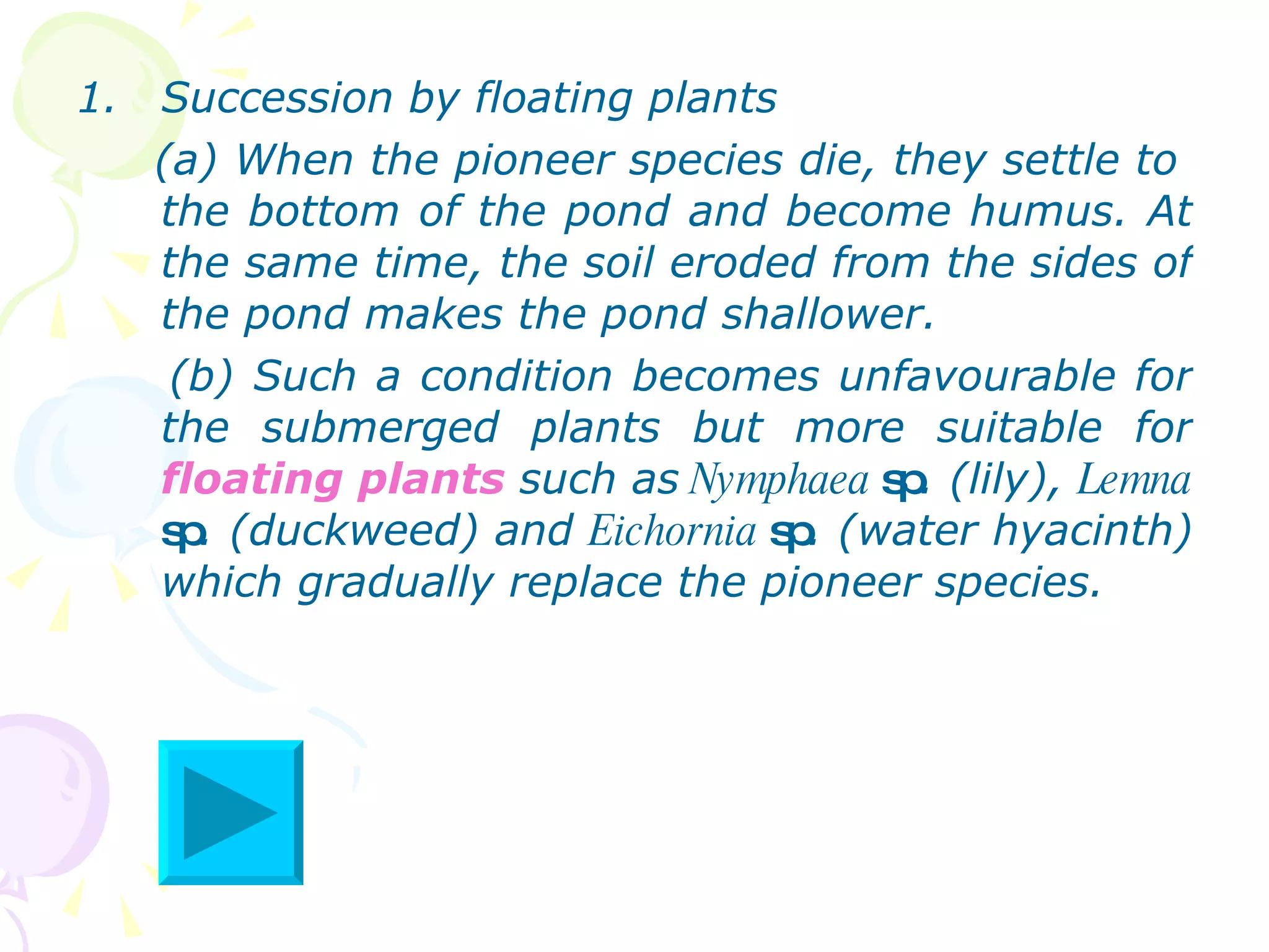 Succession by floating plants  (a) When the pioneer species die, they settle to  the bottom of the pond and become humus. At the same time, the soil eroded from the sides of the pond makes the pond shallower. (b) Such a condition becomes unfavourable for the submerged plants but more suitable for  floating plants  such as  Nymphaea  sp . (lily),  Lemna  sp . (duckweed) and  Eichornia  sp . (water hyacinth) which gradually replace the pioneer species. 