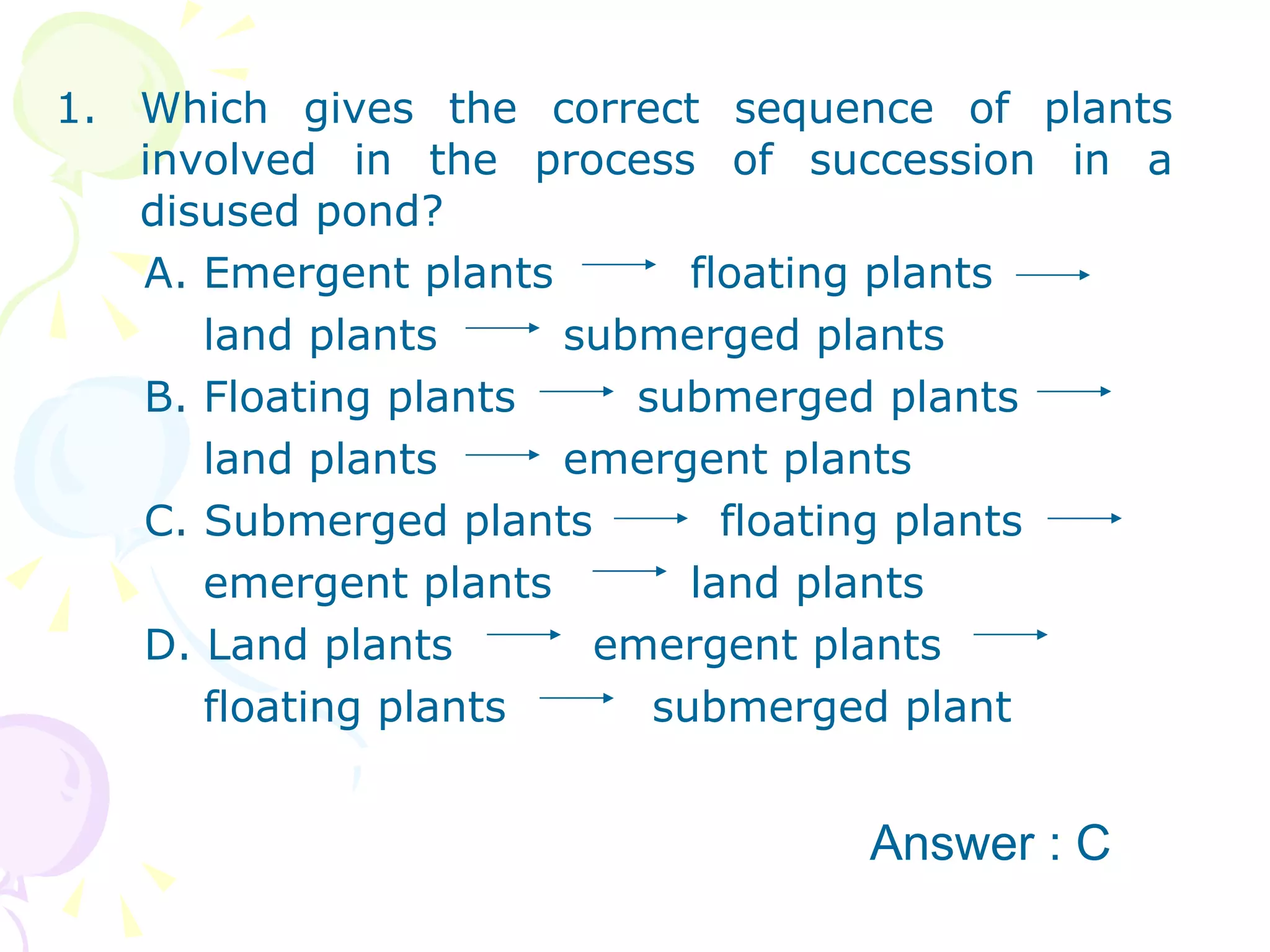 Which gives the correct sequence of plants involved in the process of succession in a disused pond? A. Emergent plants floating plants land plants submerged plants  B. Floating plants   submerged plants  land plants  emergent plants  C. Submerged plants   floating plants emergent plants land plants  D. Land plants   emergent plants  floating plants   submerged plant Answer : C 