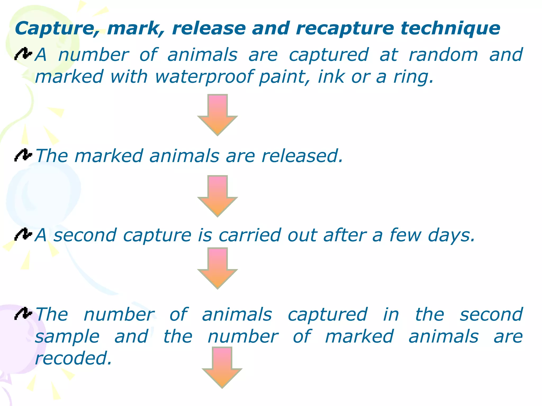 Capture, mark, release and recapture technique A number of animals are captured at random and marked with waterproof paint, ink or a ring. The marked animals are released. A second capture is carried out after a few days. The number of animals captured in the second sample and the number of marked animals are recoded. 