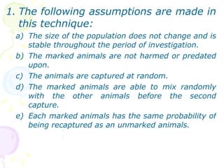 The following assumptions are made in this technique: The size of the population does not change and is stable throughout the period of investigation. The marked animals are not harmed or predated upon. The animals are captured at random. The marked animals are able to mix randomly with the other animals before the second capture. Each marked animals has the same probability of being recaptured as an unmarked animals.  
