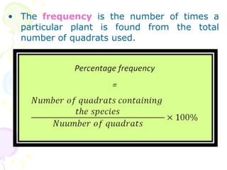The  frequency  is the number of times a particular plant is found from the total number of quadrats used. 