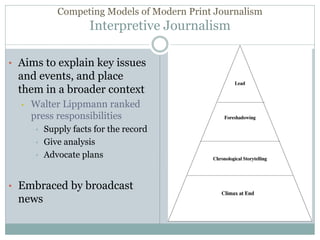 Competing Models of Modern Print Journalism
Interpretive Journalism
• Aims to explain key issues
and events, and place
them in a broader context
• Walter Lippmann ranked
press responsibilities
• Supply facts for the record
• Give analysis
• Advocate plans
• Embraced by broadcast
news
 