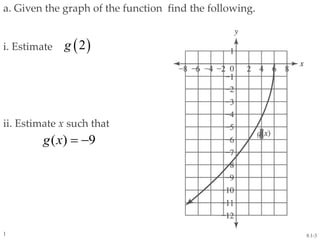 a. Given the graph of the function find the following.
i. Estimate
ii. Estimate x such that
8.1-31
 2g
( ) 9g x  
 