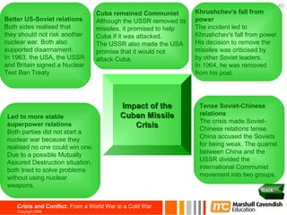 40
                                  Cuba remained Communist         Khrushchev's fall from
Better US-Soviet relations        Although the USSR removed its   power
Both sides realised that          missiles, it promised to help   The incident led to
they should not risk another      Cuba if it was attacked.        Khrushchev's fall from power.
nuclear war. Both also            The USSR also made the USA      His decision to remove the
supported disarmament.            promise that it would not       missiles was criticised by
In 1963, the USA, the USSR        attack Cuba.                    by other Soviet leaders.
and Britain signed a Nuclear                                      In 1964, he was removed
Test Ban Treaty                                                   from his post.




                                           Impact of the           Tense Soviet-Chinese
 Led to more stable                        Cuban Missile           relations
                                                                   The crisis made Soviet-
 superpower relations                         Crisis               Chinese relations tense.
 Both parties did not start a
 nuclear war because they                                          China accused the Soviets
 realised no one could win one.                                    for being weak. The quarrel
 Due to a possible Mutually                                        between China and the
 Assured Destruction situation,                                    USSR divided the
 both tried to solve problems                                      international Communist
 without using nuclear                                             movement into two groups.
 weapons.
                                                                                        Back


    Crisis and Conflict: From a World War to a Cold War
    Copyright 2006
 