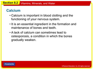 Section 8.2 Vitamins, Minerals, and Water
• Calcium is important in blood clotting and the
functioning of your nervous system.
Calcium
• It is an essential ingredient in the formation and
maintenance of bones and teeth.
• A lack of calcium can sometimes lead to
osteoporosis, a condition in which the bones
gradually weaken.
 