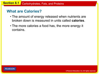 Section 8.1 Carbohydrates, Fats, and Proteins
• The amount of energy released when nutrients are
broken down is measured in units called calories.
What are Calories?
• The more calories a food has, the more energy it
contains.
 