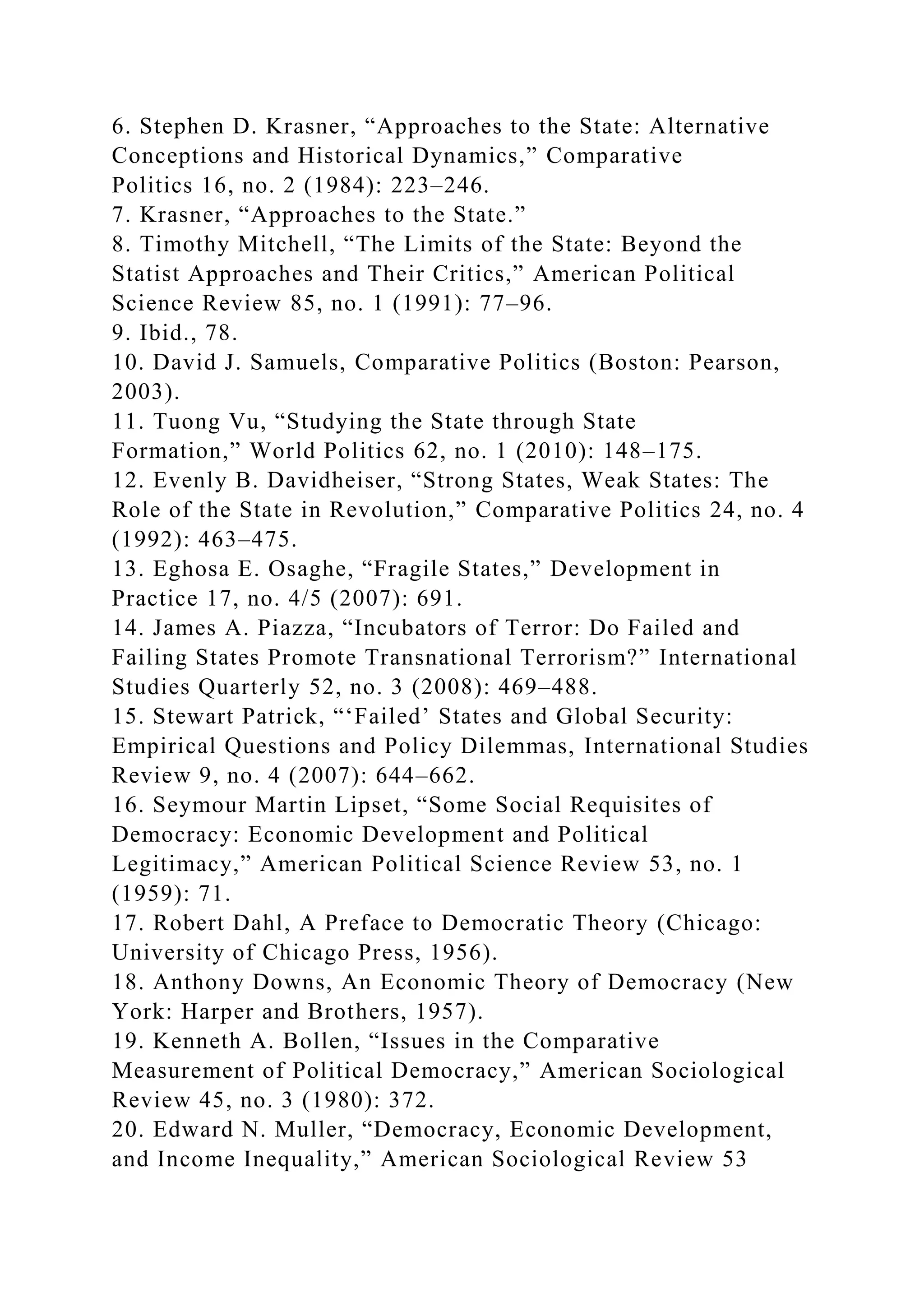 6. Stephen D. Krasner, “Approaches to the State: Alternative
Conceptions and Historical Dynamics,” Comparative
Politics 16, no. 2 (1984): 223–246.
7. Krasner, “Approaches to the State.”
8. Timothy Mitchell, “The Limits of the State: Beyond the
Statist Approaches and Their Critics,” American Political
Science Review 85, no. 1 (1991): 77–96.
9. Ibid., 78.
10. David J. Samuels, Comparative Politics (Boston: Pearson,
2003).
11. Tuong Vu, “Studying the State through State
Formation,” World Politics 62, no. 1 (2010): 148–175.
12. Evenly B. Davidheiser, “Strong States, Weak States: The
Role of the State in Revolution,” Comparative Politics 24, no. 4
(1992): 463–475.
13. Eghosa E. Osaghe, “Fragile States,” Development in
Practice 17, no. 4/5 (2007): 691.
14. James A. Piazza, “Incubators of Terror: Do Failed and
Failing States Promote Transnational Terrorism?” International
Studies Quarterly 52, no. 3 (2008): 469–488.
15. Stewart Patrick, “‘Failed’ States and Global Security:
Empirical Questions and Policy Dilemmas, International Studies
Review 9, no. 4 (2007): 644–662.
16. Seymour Martin Lipset, “Some Social Requisites of
Democracy: Economic Development and Political
Legitimacy,” American Political Science Review 53, no. 1
(1959): 71.
17. Robert Dahl, A Preface to Democratic Theory (Chicago:
University of Chicago Press, 1956).
18. Anthony Downs, An Economic Theory of Democracy (New
York: Harper and Brothers, 1957).
19. Kenneth A. Bollen, “Issues in the Comparative
Measurement of Political Democracy,” American Sociological
Review 45, no. 3 (1980): 372.
20. Edward N. Muller, “Democracy, Economic Development,
and Income Inequality,” American Sociological Review 53
 