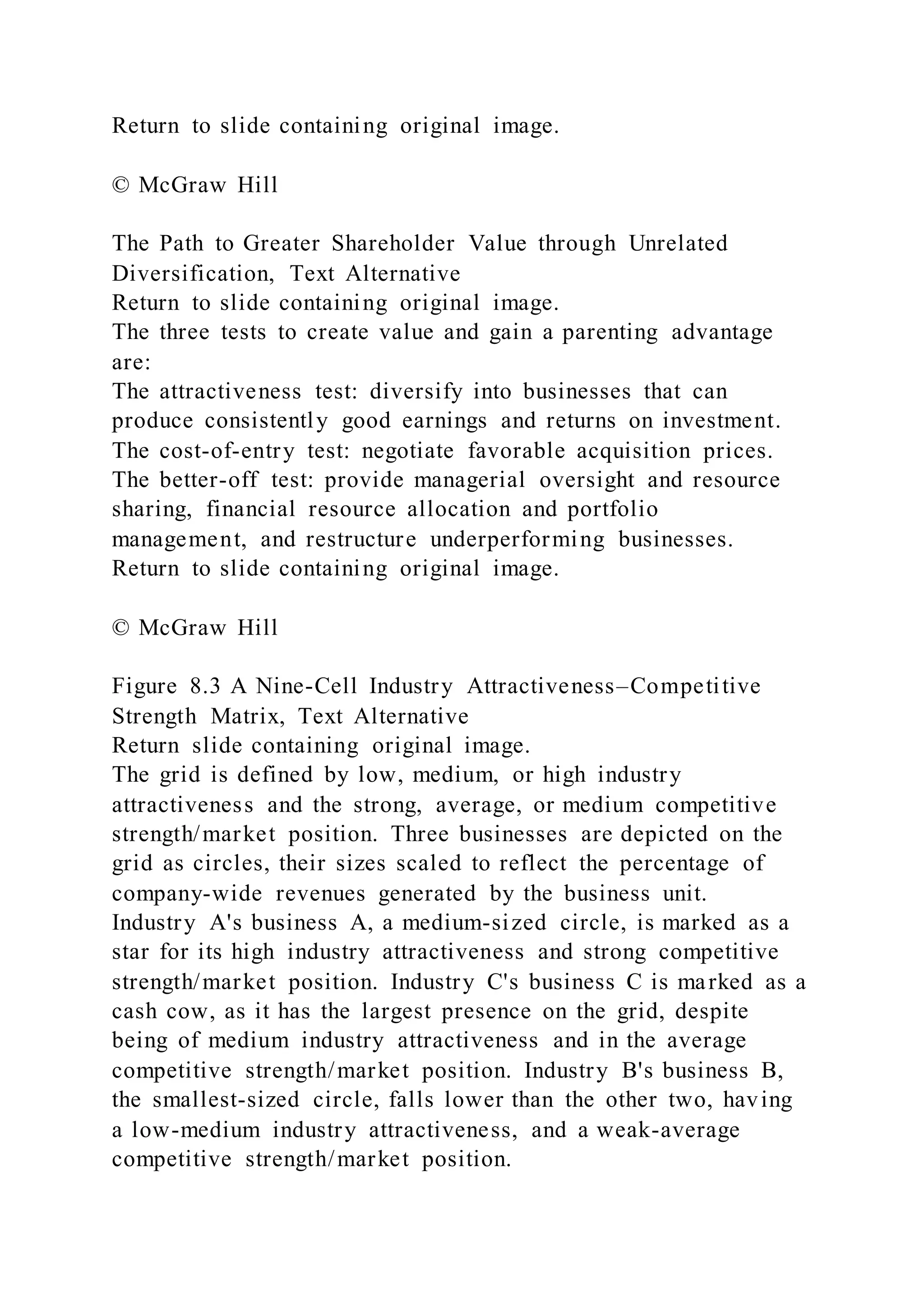Return to slide containing original image.
© McGraw Hill
The Path to Greater Shareholder Value through Unrelated
Diversification, Text Alternative
Return to slide containing original image.
The three tests to create value and gain a parenting advantage
are:
The attractiveness test: diversify into businesses that can
produce consistently good earnings and returns on investment.
The cost-of-entry test: negotiate favorable acquisition prices.
The better-off test: provide managerial oversight and resource
sharing, financial resource allocation and portfolio
management, and restructure underperforming businesses.
Return to slide containing original image.
© McGraw Hill
Figure 8.3 A Nine-Cell Industry Attractiveness–Competitive
Strength Matrix, Text Alternative
Return slide containing original image.
The grid is defined by low, medium, or high industry
attractiveness and the strong, average, or medium competitive
strength/market position. Three businesses are depicted on the
grid as circles, their sizes scaled to reflect the percentage of
company-wide revenues generated by the business unit.
Industry A's business A, a medium-sized circle, is marked as a
star for its high industry attractiveness and strong competitive
strength/market position. Industry C's business C is marked as a
cash cow, as it has the largest presence on the grid, despite
being of medium industry attractiveness and in the average
competitive strength/market position. Industry B's business B,
the smallest-sized circle, falls lower than the other two, having
a low-medium industry attractiveness, and a weak-average
competitive strength/market position.
 