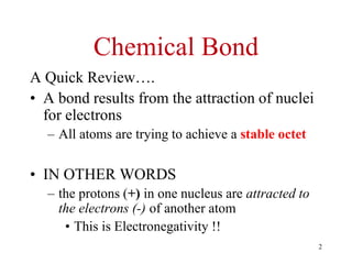 Chemical Bond
A Quick Review….
• A bond results from the attraction of nuclei
for electrons
– All atoms are trying to achieve a stable octet
• IN OTHER WORDS
– the protons (+) in one nucleus are attracted to
the electrons (-) of another atom
• This is Electronegativity !!
2
 