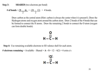 Step 3: SHARED (two electrons per bond)
# of bonds = (N – A) = (20 – 12) = 4 bonds.
2 2
Draw carbon as the central atom (Hint: carbon is always the center when it is present!). Draw the
Hydrogen atoms and oxygen atom around the carbon atom. Draw 2 bonds of the 4 bonds that can
be formed to connect the H atoms. Draw the remaining 2 bonds to connect the O atom (oxygen
can form double bonds)
Step 4: Use remaining available electrons to fill valence shell for each atom.
# electrons remaining = Available – Shared = A – S = 12 – 4(2) = 4 extra e-
s
20
 
