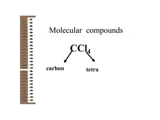 Molecular compounds
CCl4
tetra
carbon
 