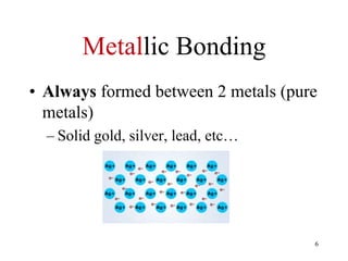 Metallic Bonding
• Always formed between 2 metals (pure
metals)
– Solid gold, silver, lead, etc…
6
 