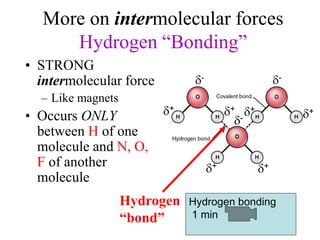 More on intermolecular forces
Hydrogen “Bonding”
• STRONG
intermolecular force
– Like magnets
• Occurs ONLY
between H of one
molecule and N, O,
F of another
molecule
Hydrogen
“bond”
-
+
+
-
+ +
+
+
-
82
Hydrogen bonding
1 min
 
