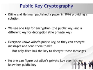 Public Key Cryptography
• Diffie and Hellman published a paper in 1976 providing a
solution
• We use one key for encryption (the public key) and a
different key for decryption (the private key)
• Everyone knows Alice’s public key, so they can encrypt
messages and send them to her
– But only Alice has the key to decrypt those messages
• No one can figure out Alice’s private key even if they
know her public key
 