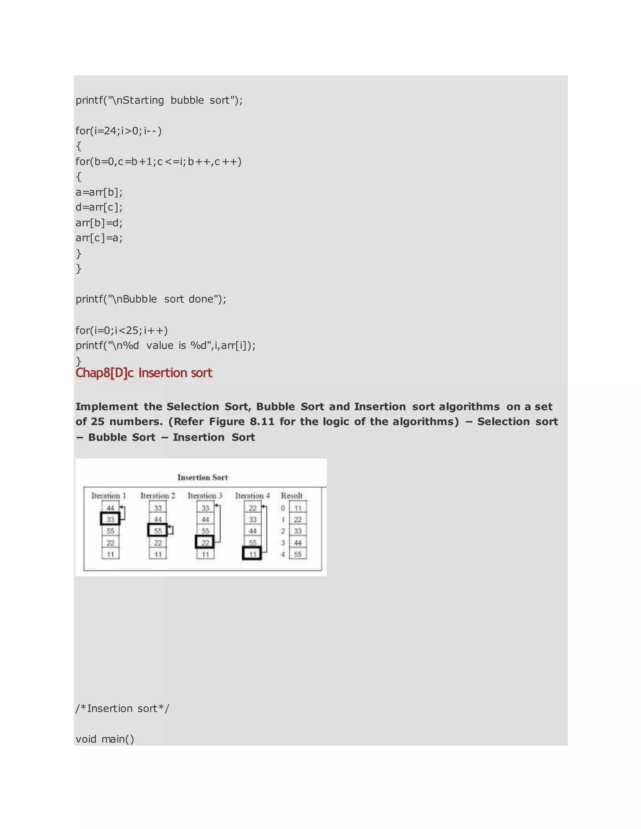 printf("nStarting bubble sort");
for(i=24;i>0;i--)
{
for(b=0,c=b+1;c <=i;b++,c ++)
{
a=arr[b];
d=arr[c];
arr[b]=d;
arr[c]=a;
}
}
printf("nBubble sort done");
for(i=0;i<25;i++)
printf("n%d value is %d",i,arr[i]);
}
Chap8[D]c Insertion sort
Implement the Selection Sort, Bubble Sort and Insertion sort algorithms on a set
of 25 numbers. (Refer Figure 8.11 for the logic of the algorithms) − Selection sort
− Bubble Sort − Insertion Sort
/*Insertion sort*/
void main()
 