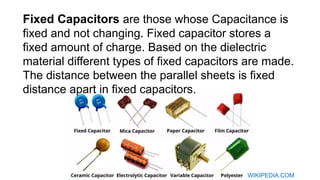 Fixed Capacitors are those whose Capacitance is
fixed and not changing. Fixed capacitor stores a
fixed amount of charge. Based on the dielectric
material different types of fixed capacitors are made.
The distance between the parallel sheets is fixed
distance apart in fixed capacitors.
WIKIPEDIA.COM
 