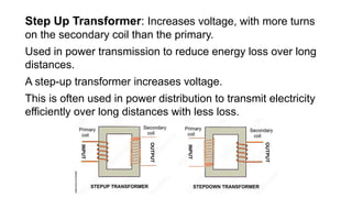 Step Up Transformer: Increases voltage, with more turns
on the secondary coil than the primary.
Used in power transmission to reduce energy loss over long
distances.
A step-up transformer increases voltage.
This is often used in power distribution to transmit electricity
efficiently over long distances with less loss.
 