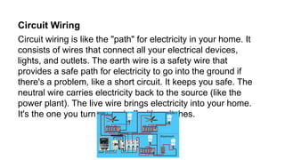 Circuit Wiring
Circuit wiring is like the "path" for electricity in your home. It
consists of wires that connect all your electrical devices,
lights, and outlets. The earth wire is a safety wire that
provides a safe path for electricity to go into the ground if
there's a problem, like a short circuit. It keeps you safe. The
neutral wire carries electricity back to the source (like the
power plant). The live wire brings electricity into your home.
It's the one you turn on and off with switches.
 